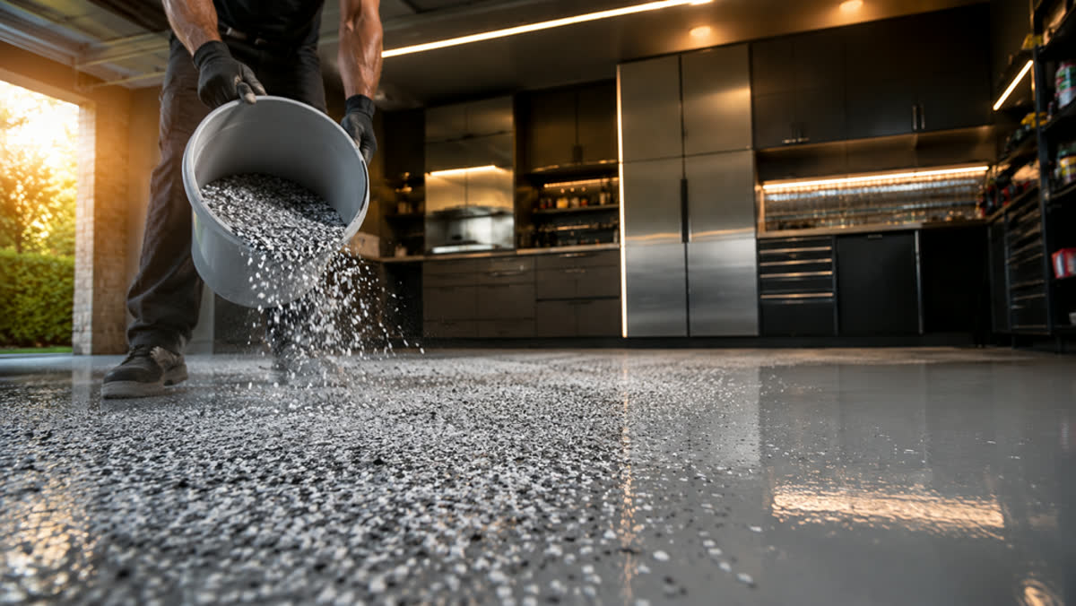 Broadcasting decorative flakes onto wet epoxy