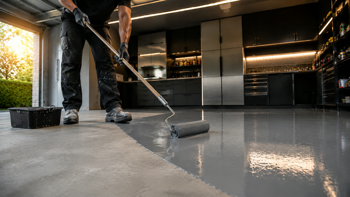 Rolling polyaspartic top coat onto epoxy floor
